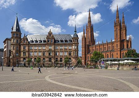Stock Image - "New Town Hall, neo-Gothic Marktkirche church, Marktplatz square, Wiesbaden, Hesse, Germany, Europe". Fotosearch
