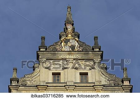Stock Photography - "New Town Hall, Neo-Renaissance-style, gable, historic center, Gorlitz, Saxony, Germany, Europe". Fotosearch