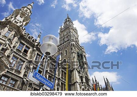 "New Town Hall with the street sign for """"Marienplatz"""" square, city centre, Munich, Upper Bavaria, Bavaria, Germany, Europe" View Large Photo Image Stock Photo - "New Town Hall with the street sign for """"Marienplatz"""" square, city centre, Munich, Upper Bavaria, Bavaria, Germany, Europe". Fotosearch