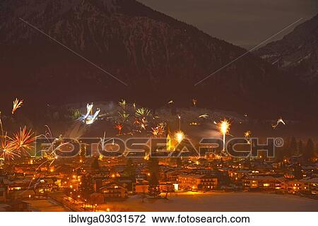 Stock Image - "New Year's Eve fireworks, Oberstdorf, Allgauer Alpen, Allgau, Bavaria, Germany, Europe". Fotosearch