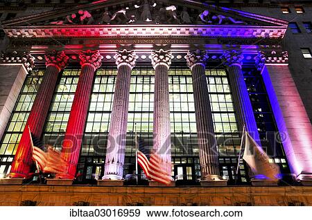 Stock Photo - "New York Stock Exchange, NYSE, with illuminated columns, Wall Street, Financial District, Manhattan, New York City, New York, United States, North America". Fotosearch