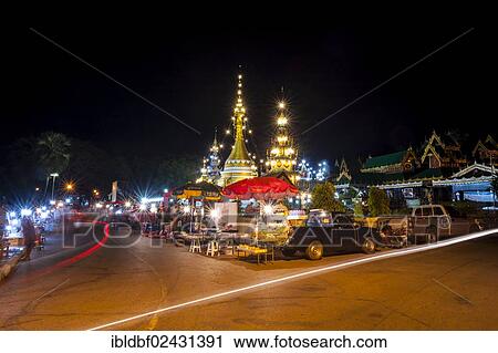 "Night market outside the temple complex of Wat Jong Kham or Chong Kham and Wat Jong Klang or Chong Klang, Mae Hong Son, Northern Thailand, Thailand, Asia" View Large Photo Image Stock Image - "Night market outside the temple complex of Wat Jong Kham or Chong Kham and Wat Jong Klang or Chong Klang, Mae Hong Son, Northern Thailand, Thailand, Asia". Fotosearch
