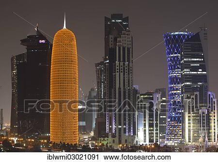 "Night scene, skyline of Doha with Al Bidda Tower, World Trade Center, Palm Tower 1 and 2, Burj Qatar Tower with golden illumination, Tornado Tower, Doha Corniche, Doha, Doha, Qatar, Asia" View Large Photo Image Stock Image - "Night scene, skyline of Doha with Al Bidda Tower, World Trade Center, Palm Tower 1 and 2, Burj Qatar Tower with golden illumination, Tornado Tower, Doha Corniche, Doha, Doha, Qatar, Asia". Fotosearch