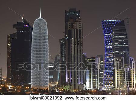 "Night scene, skyline of Doha with Al Bidda Tower, World Trade Center, Palm Tower 1 and 2, Burj Qatar Tower with silver illumination, Tornado Tower, Doha Corniche, Doha, Doha, Qatar, Asia" View Large Photo Image Stock Image - "Night scene, skyline of Doha with Al Bidda Tower, World Trade Center, Palm Tower 1 and 2, Burj Qatar Tower with silver illumination, Tornado Tower, Doha Corniche, Doha, Doha, Qatar, Asia". Fotosearch