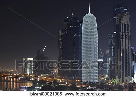 "Night scene, skyline of Doha with Al Bidda Tower, World Trade Center, Palm Tower 1 and 2, Burj Qatar Tower with silver illumination, Doha Corniche, Doha, Doha, Qatar, Asia" View Large Photo Image Stock Photography - "Night scene, skyline of Doha with Al Bidda Tower, World Trade Center, Palm Tower 1 and 2, Burj Qatar Tower with silver illumination, Doha Corniche, Doha, Doha, Qatar, Asia". Fotosearch