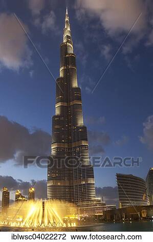 Stock Image - "Night scene with water fountain, Burj Khalifa, Dubai, Emirate of Dubai, United Arab Emirates, Asia". Fotosearch