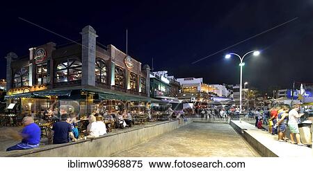 Stock Photography - "Nightlife, restaurants, boules court, centre of Punta Tinosa, harbour, Puerto del Carmen, Lanzarote, Canary Islands, Spain, Europe". Fotosearch