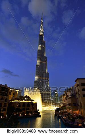 "Nighttime water show of The Dubai Fountain at Lake Burj Khalifa in front of Burj Khalifa, Downtown, Dubai, United Arab Emirates, Asia" View Large Photo Image Stock Photo - "Nighttime water show of The Dubai Fountain at Lake Burj Khalifa in front of Burj Khalifa, Downtown, Dubai, United Arab Emirates, Asia". Fotosearch