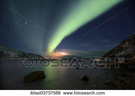 "Northern Lights over fjord with winter landscape, Sommeroya, Tromso, ‪Troms, Northern Norway, Norway, Europe" View Large Photo Image Stock Photo - "Northern Lights over fjord with winter landscape, Sommeroya, Tromso, ‪Troms, Northern Norway, Norway, Europe". Fotosearch