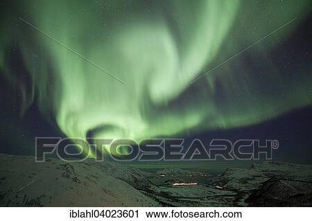 Stock Image - "Northern lights over Kaldfjorden, Kvaloya, Mikkelvik, Troms, Norway, Europe". Fotosearch