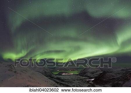 Stock Image - "Northern lights over Kaldfjorden, Kvaloya, Mikkelvik, Troms, Norway, Europe". Fotosearch