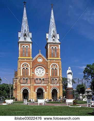 Stock Photograph - "Notre Dame, neo-Romanesque cathedral, Madonna statue, Virgin Mary, Saigon, Ho-Chi-Minh-Stadt, Sudvietnam, Vietnam, Asia". Fotosearch