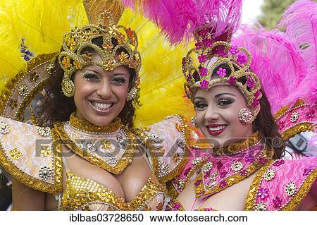 "Notting Hill Carnival, costumed members of the Paraiso School of Samba on parade, Notting Hill, London, London region, England, United Kingdom, Europe" View Large Photo Image Stock Image - "Notting Hill Carnival, costumed members of the Paraiso School of Samba on parade, Notting Hill, London, London region, England, United Kingdom, Europe". Fotosearch