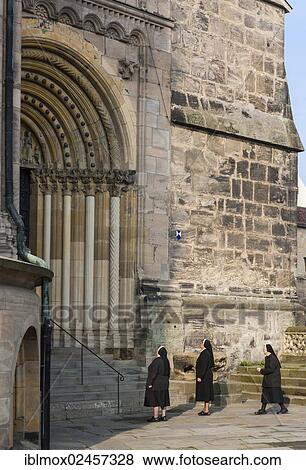 Stock Photo - "Nuns standing in front of Bamberg Cathedral, Bamberg, Upper Franconia, Franconia, Bavaria, Germany, Europe, PublicGround, Europe". Fotosearch