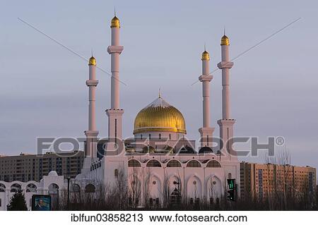Stock Image - "Nur-Astana Mosque in the evening, Astana, Kazakhstan, Asia". Fotosearch