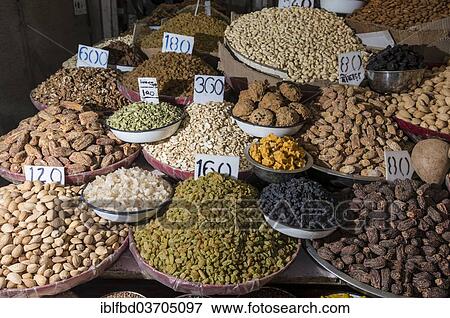 Stock Photo - "Nuts and spices for sale at the spice market, Old Delhi, New Delhi, Delhi, India, Asia". Fotosearch