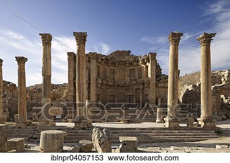 Stock Image - "Nymphaeum, main street Cardo Maximus, columns, ancient Roman city of Jerash, part of the Decapolis, Jerash, Jerash Governorate, Jordan, Asia". Fotosearch