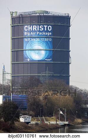 Stock Image - "Oberhausen Gasometer with the """"Big Air Package"""" exhibition of art projects by Christo, Oberhausen, North Rhine-Westphalia, Germany, Europe". Fotosearch