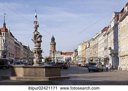 Stock Image - Obermarkt square with Georgsbrunnen well and Reichenbacher Turm tower, Goerlitz, Upper Lusatia, Lower Silesia, Saxony, Germany, Europe. Fotosearch