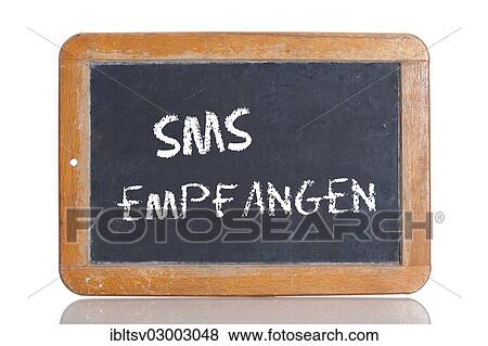 Stock Photo - "Old chalkboard, lettering """"SMS EMPFANGEN"""", German for """"RECEIVE A TEXT MESSAGE""""". Fotosearch