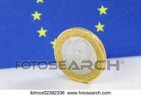 Stock Photograph - Old Greek 1 Euro coin in front of the flag of the European Union. Fotosearch