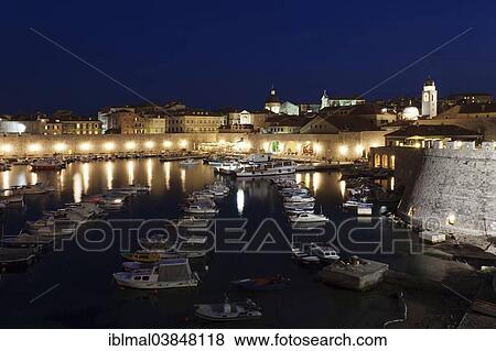 "Old Harbour and the historic centre at night, Dubrovnik, Dalmatia, Croatia, Europe" View Large Photo Image Stock Photo - "Old Harbour and the historic centre at night, Dubrovnik, Dalmatia, Croatia, Europe". Fotosearch