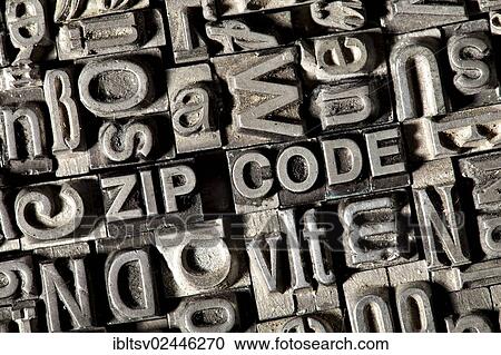 Stock Image - Old lead letters forming the term ZIP CODE. Fotosearch