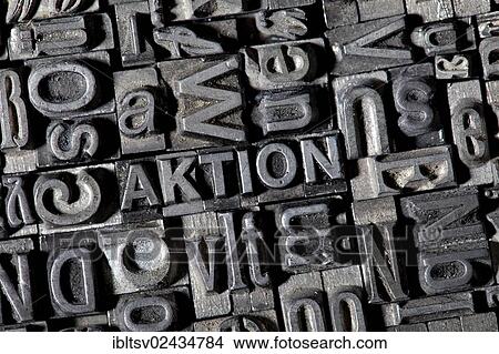 "Old lead letters forming the word AKTION, German for action" View Large Photo Image Picture - "Old lead letters forming the word AKTION, German for action". Fotosearch