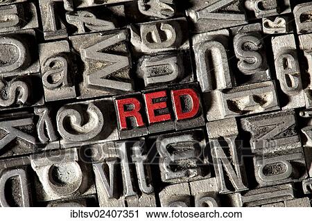 Stock Image - Old lead letters forming the word RED in red letters. Fotosearch