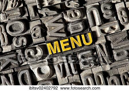 "Old lead letters forming the word """"MENU""""" View Large Photo Image Stock Image - "Old lead letters forming the word """"MENU""""". Fotosearch