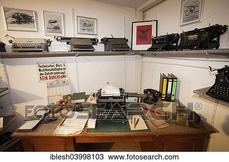 Stock Image - "Old office with typewriters, Museum of Technology Kratzmuhle, Kinding, Altmuhltal, Bavaria, Germany, Europe". Fotosearch