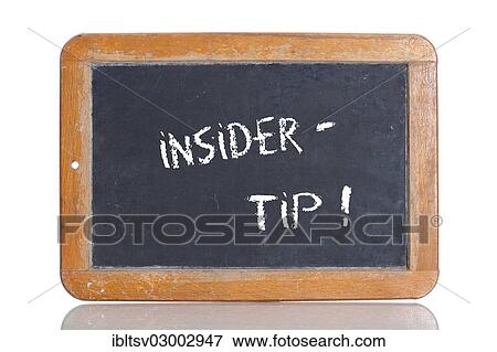 Stock Photo - Old school blackboard with the term INSIDERTIPP. Fotosearch