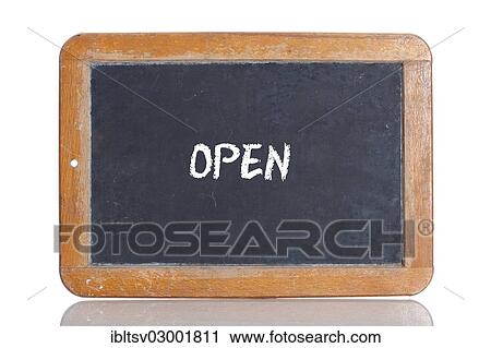 Stock Image - Old school blackboard with the word OPEN. Fotosearch