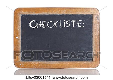 Stock Image - "Old school blackboard with the word CHECKLISTE, German for Checklist". Fotosearch