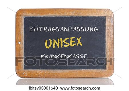 "Old school blackboard with the words Beitragsanpassung UNISEX Krankenkasse, German for Premium adjustment UNISEX health insurance" View Large Photo Image Stock Image - "Old school blackboard with the words Beitragsanpassung UNISEX Krankenkasse, German for Premium adjustment UNISEX health insurance". Fotosearch