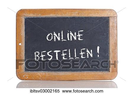 Stock Photography - "Old school blackboard with the words ONLINE BESTELLEN!, German for New: Order online! ". Fotosearch