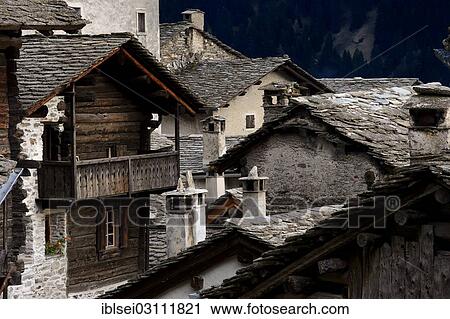 Stock Image - "Old stone houses, Soglio, Bergell, Canton of Graubunden, Switzerland, Europe". Fotosearch