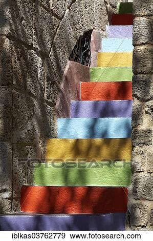 "Old stone stairs, brightly painted, historic town centre, Rhodes, Island of Rhodes, Dodecanese, Greece, Europe" View Large Photo Image Stock Photo - "Old stone stairs, brightly painted, historic town centre, Rhodes, Island of Rhodes, Dodecanese, Greece, Europe". Fotosearch