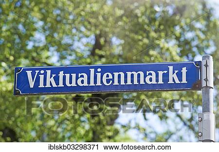 Stock Image - "Old street sign """"Viktualienmarkt"""", city centre, Munich, Upper Bavaria, Bavaria, Germany, Europe". Fotosearch