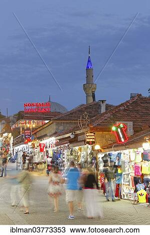 Stock Image - "Old street with shops and the Selimiye Mosque, Side, Pamphylia, Antalya Province, Turkey, Asia". Fotosearch