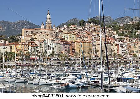 Stock Image - "Old town and marina, Menton, French Riviera, Provence-Alpes-Cote d'Azur, France, Europe". Fotosearch
