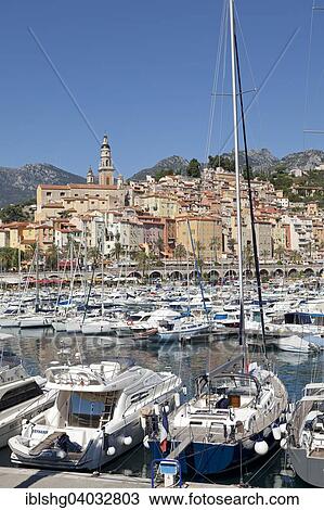 Stock Image - "Old town and marina, Menton, French Riviera, Provence-Alpes-Cote d'Azur, France, Europe". Fotosearch
