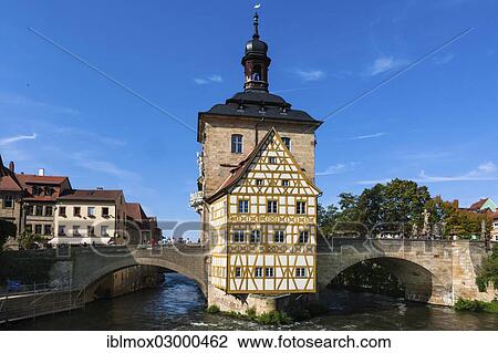 Stock Image - "Old Town Hall in the Regnitz River, Upper Bridge, Bamberg, Bamberg, Upper Franconia, Bavaria, Germany, Europe". Fotosearch
