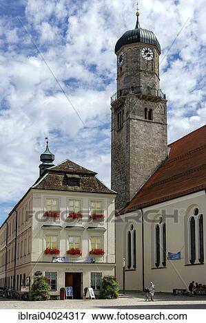 Stock Photo - "Old Town Hall with City Museum, Parish Church of the Assumption, Marienplatz, Weilheim, Upper Bavaria, Bavaria, Germany, Europe". Fotosearch