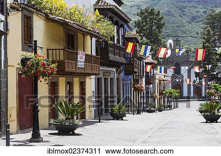Stock Image - "Old town of Teror with old mansions, listed buildings, Calle de la Escuela, Teror, Gran Canaria, Canary Islands, Spain, Europe, PublicGround, Europe". Fotosearch