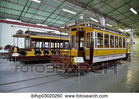 Stock Image - "Old trams in the Museu da Carris tram museum, Lisbon, Portugal, Europe". Fotosearch