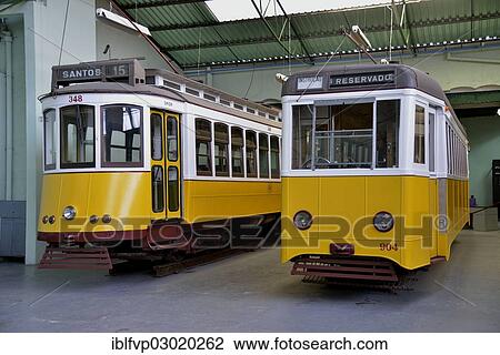 Stock Image - "Old trams in the Museu da Carris tram museum, Lisbon, Portugal, Europe". Fotosearch