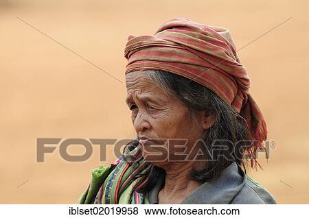 Stock Photo - "Old woman wearing a head scarf, portrait, Bolaven Plateau, southern Laos, Southeast Asia, Asia". Fotosearch
