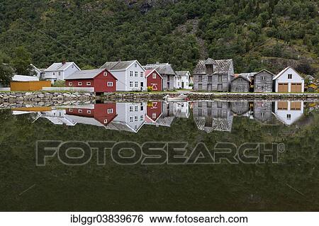 Stock Photograph - "Old wooden houses, Gamle Laerdalsoyri, Laerdal valley, Sogn og Fjordane, Norway, Europe". Fotosearch