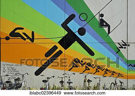 Stock Photo - "Olympic pictograms, mural in the former Olympic Village, Munich, Bavaria, Germany, Europe". Fotosearch